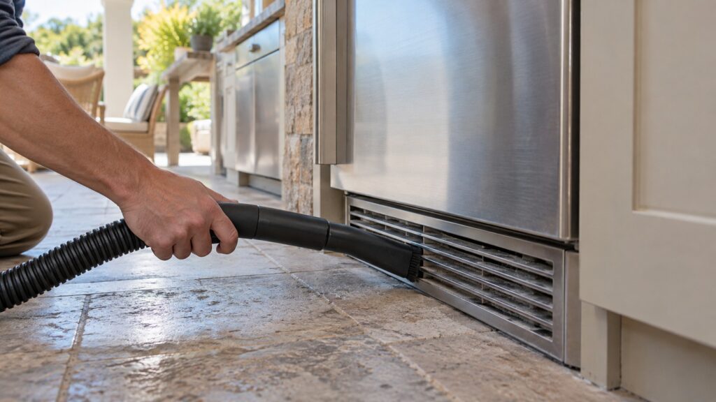 A vacuum nozzle held against the ventilation grille at the base of a built-in outdoor refrigerator
