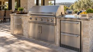 A stainless steel outdoor kitchen island with a built-in grill and refrigerator drawers under bright afternoon sun