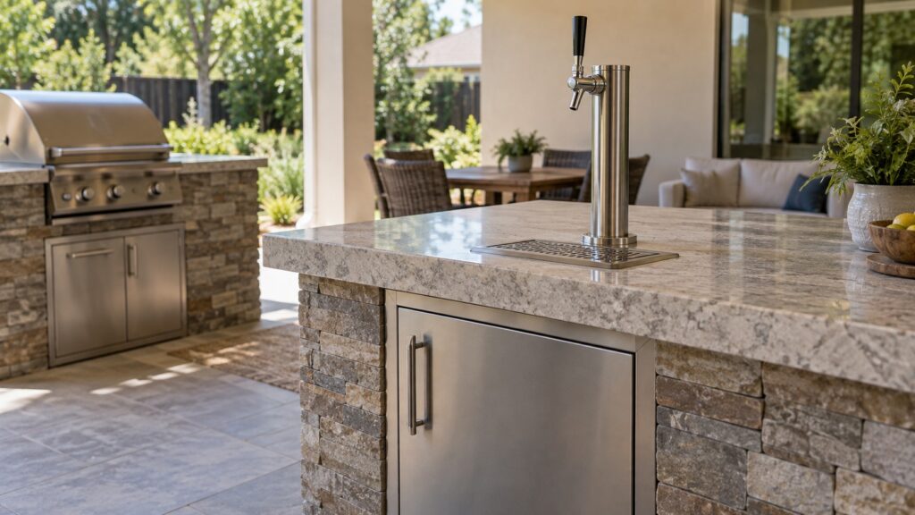 A stainless draft tower with a single tap mounted on an outdoor kitchen counter above a built-in cabinet