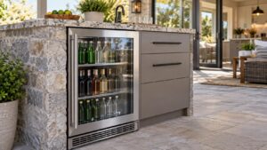 A built-in stainless beverage cabinet with a glass door full of bottles set into an outdoor kitchen island