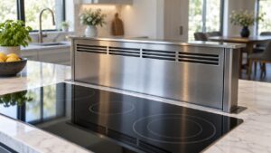 A telescoping stainless downdraft vent raised behind a cooktop set into a kitchen island counter