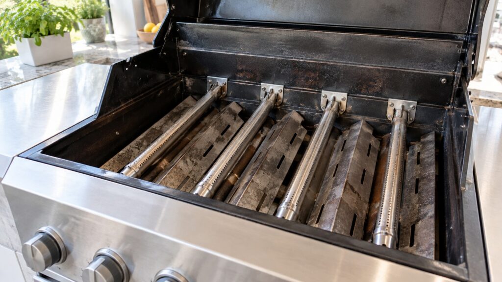 The interior of a gas grill with the grates lifted out showing the burner tubes and radiant trays beneath