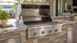 A stainless steel gas grill head built into a stone outdoor kitchen island with its hood open and grates visible