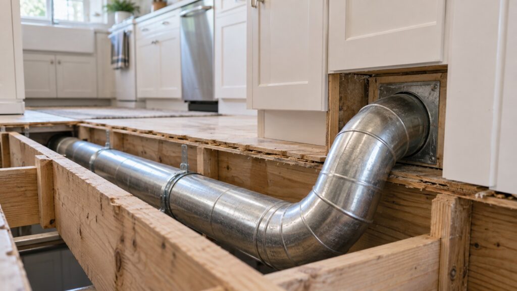 A length of rigid metal ducting with a long radius elbow running through an open floor joist bay