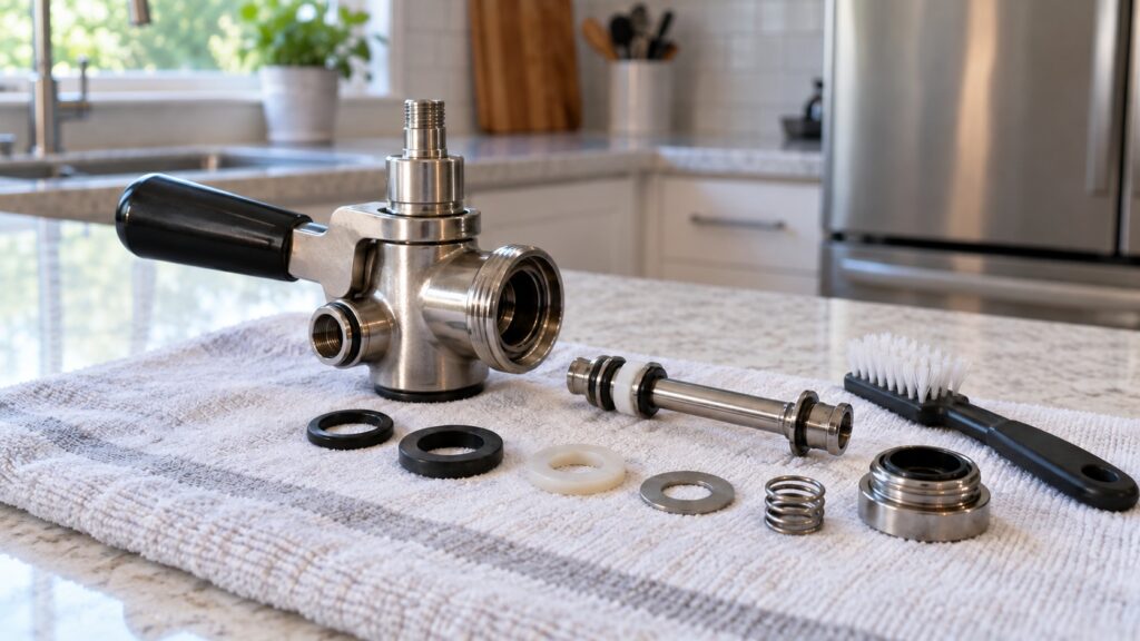 A keg coupler taken apart with its probe and washers laid out on a towel beside a brush