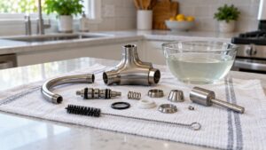 A stainless draft faucet disassembled into its parts on a clean towel beside a small brush and a bowl of solution