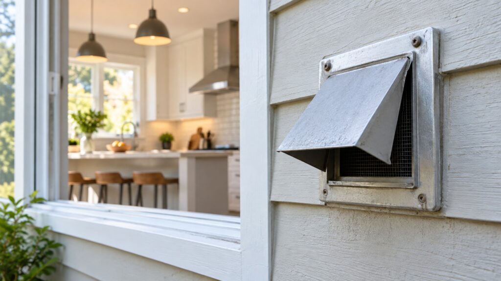 An exterior wall vent cap with its flap pushed open by airflow on the outside of a house