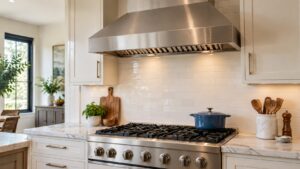 A wide stainless steel range hood mounted above a professional cooktop in a kitchen