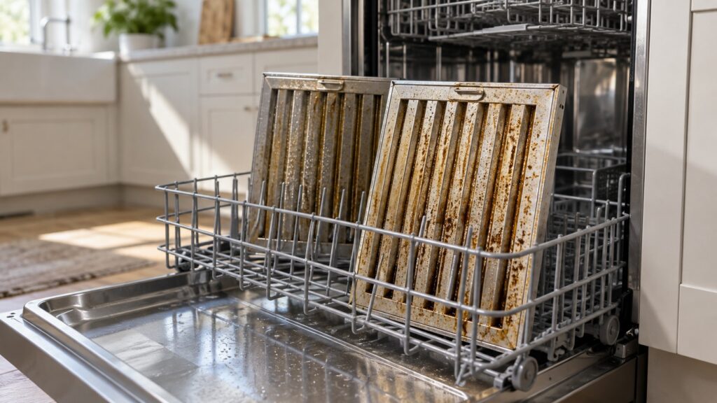 Two greasy metal baffle filters standing in the lower rack of an open dishwasher