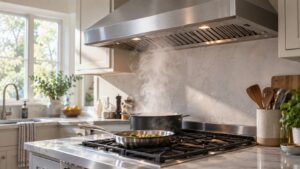 A wide stainless range hood running above a cooktop with steam from a rear pan being drawn up into it