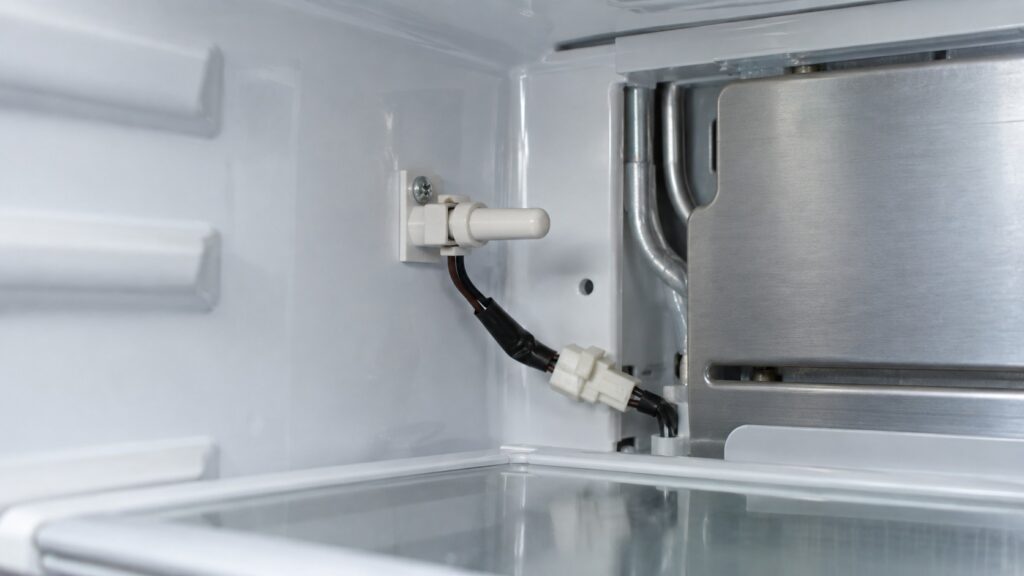 A refrigerator cabinet temperature sensor on a bracket near the rear wall with its wiring harness and connector visible