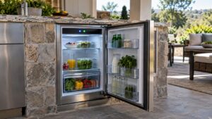 A stainless steel outdoor refrigerator built into a stone kitchen island with its door open and a two-letter code lit on the control panel