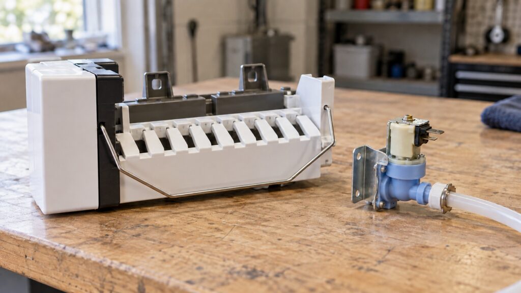 An ice maker module with its harvest arm and bail wire beside a water inlet valve with the supply tubing attached