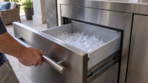 An open stainless steel outdoor ice maker drawer with a half-filled ice bin and cubes visible inside