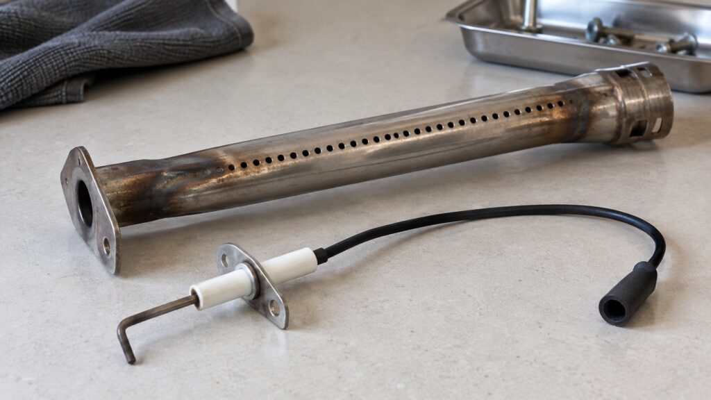 A removed grill ignition electrode with its white ceramic insulator and high voltage wire lying beside a burner tube