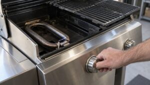 A hand turning the control knob of a stainless steel gas grill with a spark visible at the electrode beside the U-shaped burner