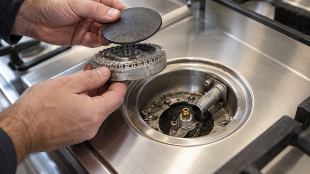 A side burner cap and head lifted out of their pan showing the venturi tube and the orifice on the valve beneath