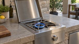 A stainless steel side burner set into an outdoor kitchen counter with its lid raised and a blue flame ring burning
