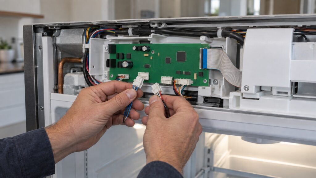 A refrigerator control board with its sensor harness unplugged showing the thermistor connectors and the display ribbon