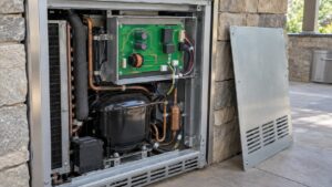 The rear service panel of a built-in outdoor refrigerator removed to show the control board in its housing