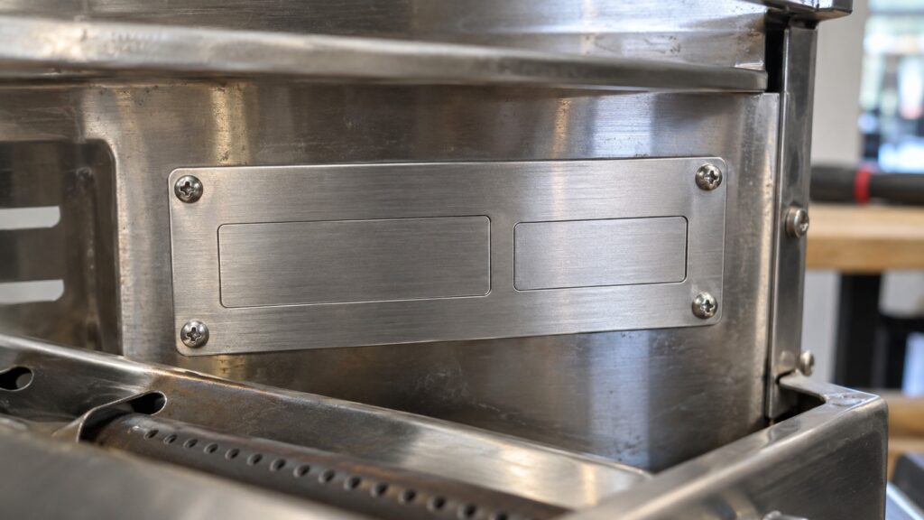 A close view of an appliance rating plate showing a grill series model number and the gas type marking