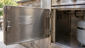 A metal rating plate with model and serial numbers riveted to the inside of the access door of a built-in stainless steel gas grill