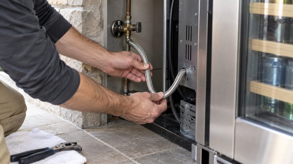 Hands tracing a coiled water supply line behind a built-in outdoor beverage center, checking for a kink near the shutoff valve
