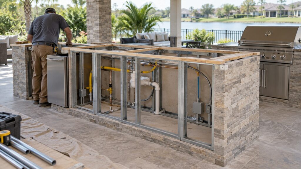 A wide-angle view of an outdoor kitchen island mid-construction, showing gas lines, a water line and an electrical conduit routed before the countertop is installed