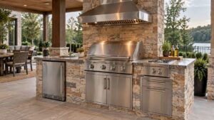 A complete outdoor kitchen island with a built-in stainless steel grill, side burner, range hood and outdoor refrigerator under a covered patio
