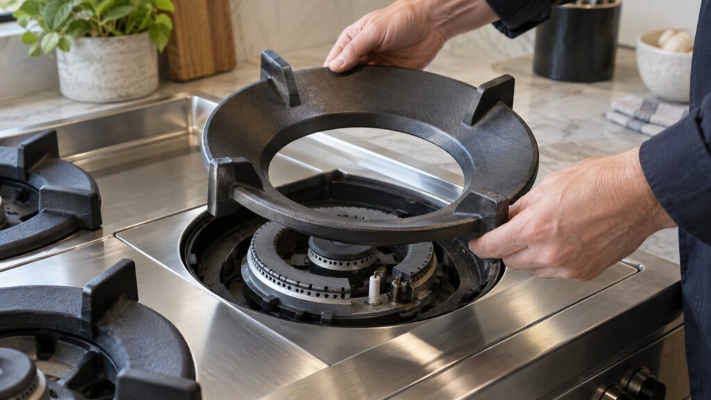 A wok-shaped ring module lifted out of its rangetop bay, revealing the burner and ignition port underneath