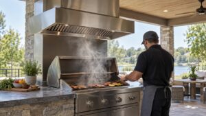 A stainless steel range hood mounted over a built-in outdoor grill under a covered patio structure, blower running with visible steam being pulled upward