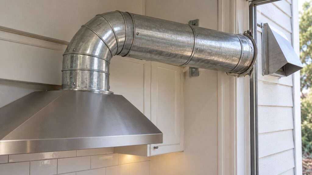 A close-up of round metal exhaust ducting with one 90-degree elbow, running from a range hood toward an exterior wall cap