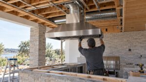 A stainless steel range hood being mounted above an outdoor kitchen island under construction, with duct work visible running through the ceiling structure