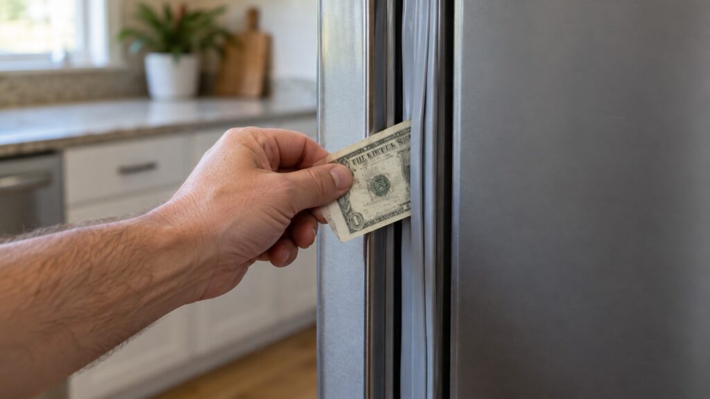 A hand pulling a dollar bill from between a refrigerator door and its rubber gasket to test the seal's grip