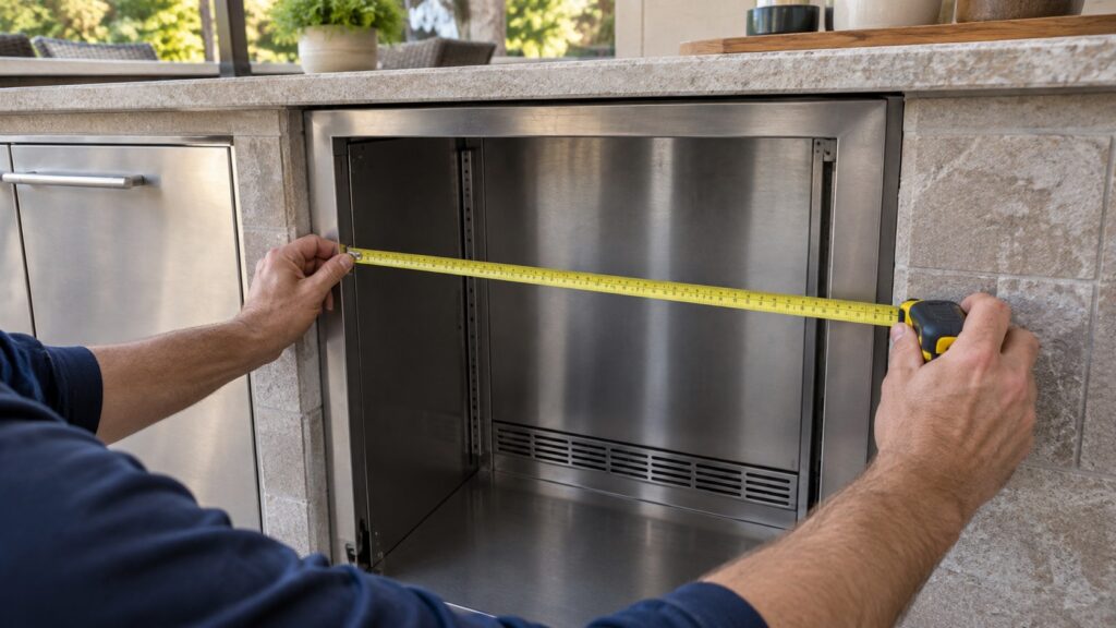 A technician's hands measuring the width of a built-in outdoor beverage center's cutout opening with a tape measure
