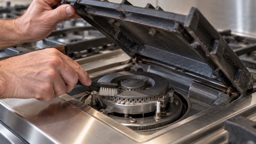 Hands using a soft nylon brush to clean a burner port underneath a lifted rangetop grill module