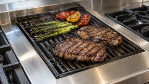 Close-up of a DCS rangetop grill module with visible grill marks and light steam, set into a stainless steel rangetop panel