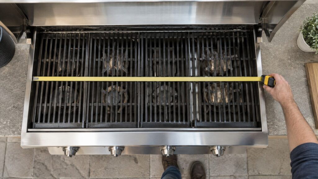 An overhead view of a built-in grill with burners across the cooking surface and a hand holding a tape measure across it