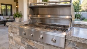A built-in stainless steel gas grill with its hood open on an outdoor patio island