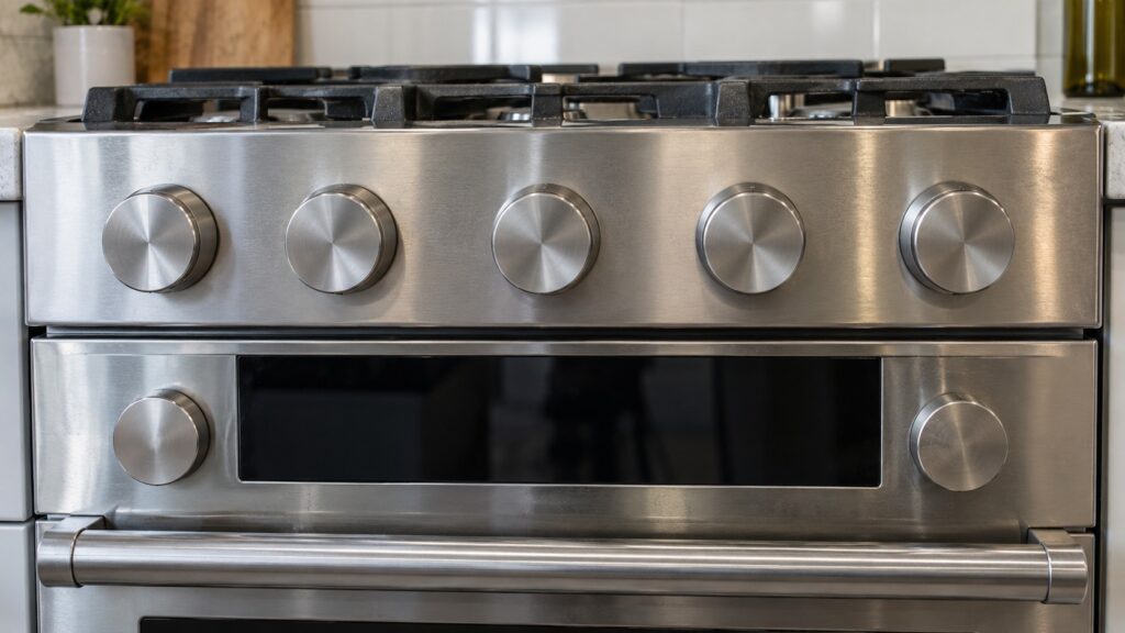 A close-up of a range control area with gas burner knobs above an oven control section
