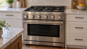 A professional style stainless steel range with six burners and a closed oven door in a home kitchen
