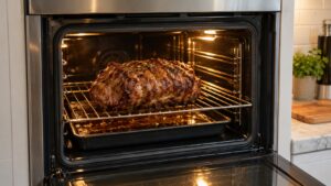 A roast on a rack inside a lit gas wall oven