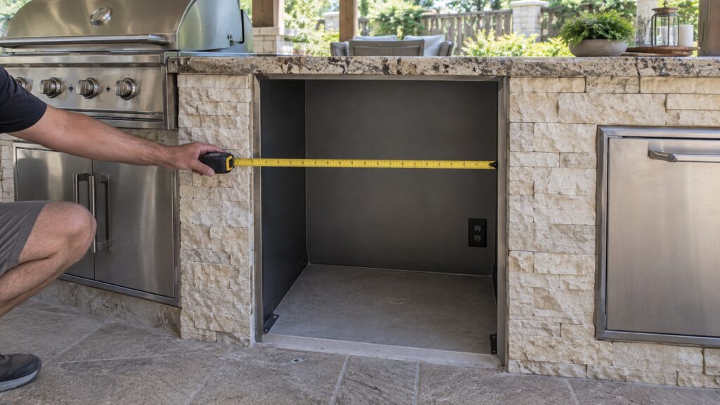 A cutout in an outdoor kitchen cabinet sized for an undercounter refrigerator with a tape measure across the opening