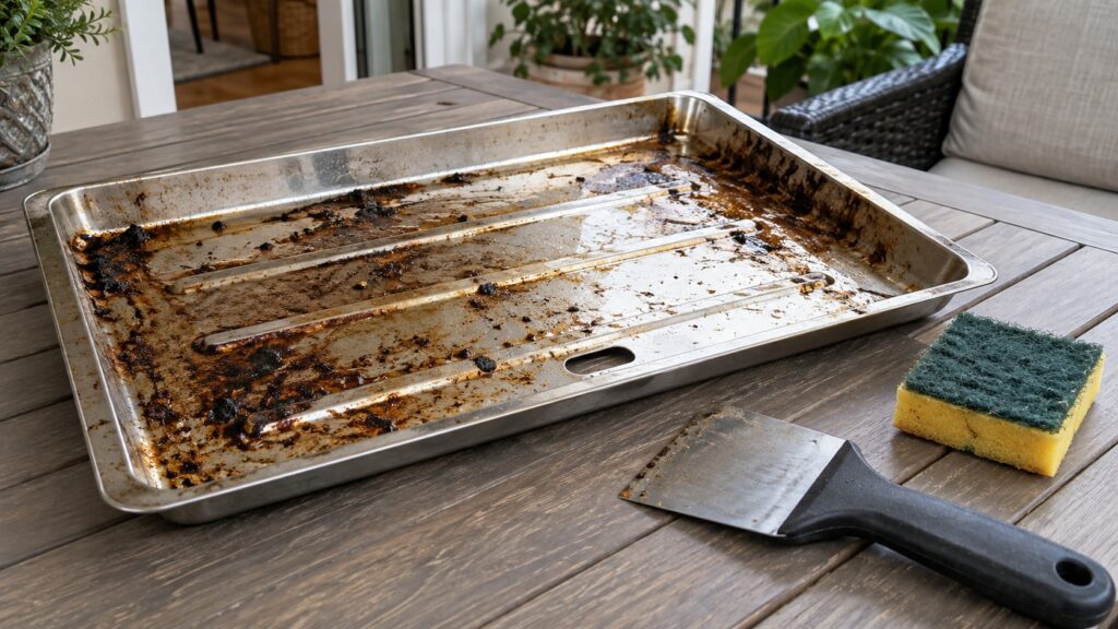 A removed stainless steel drip tray with baked-on grease lying on a patio table beside a scraper and a sponge