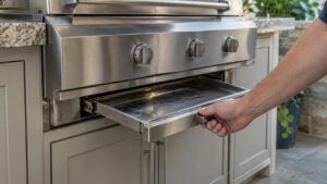 A hand sliding a grease tray out from under a built-in grill