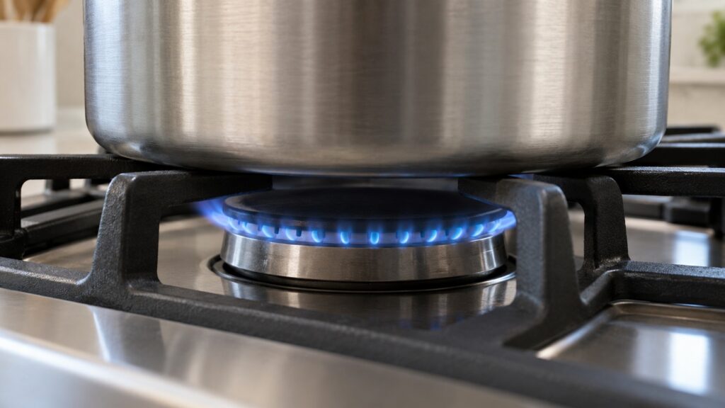 A close-up of a low blue flame ring on a sealed gas burner under a pot