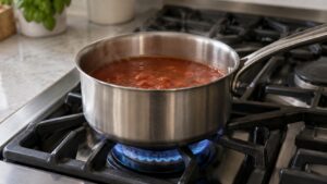 A small saucepan of sauce at a very low simmer on a gas rangetop burner