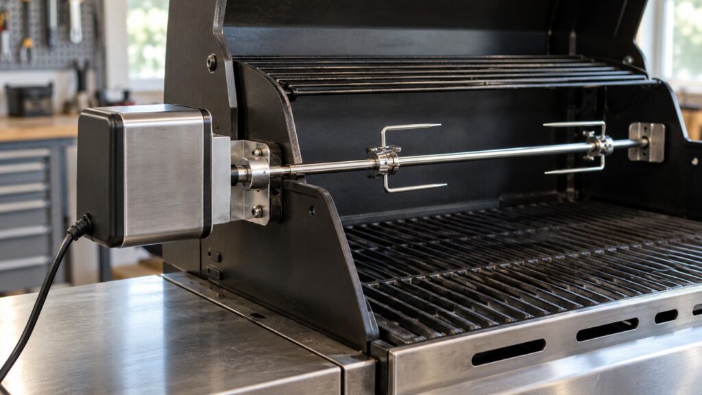 A rotisserie motor mounted on the side of a grill with the spit rod inserted