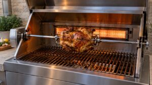 A rotisserie spit with a chicken turning over the lit rear burner of a built-in grill
