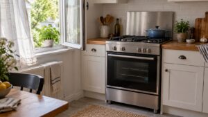 A freestanding gas range in a kitchen with a window open beside it